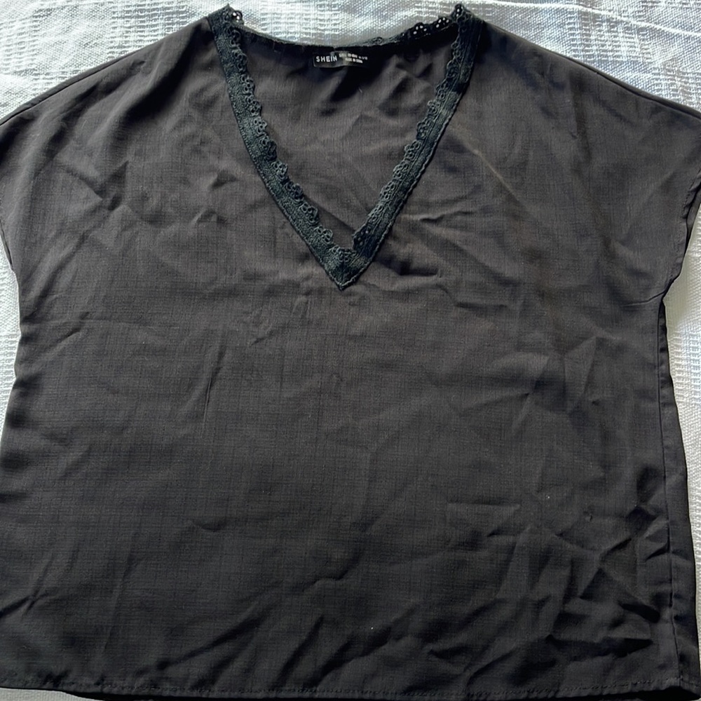 Black embroidered lace trim v neck top